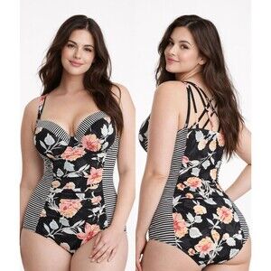 Torrid Black Floral One Piece Swimsuit Underwire Ruched Striped Side Panels Sz 3